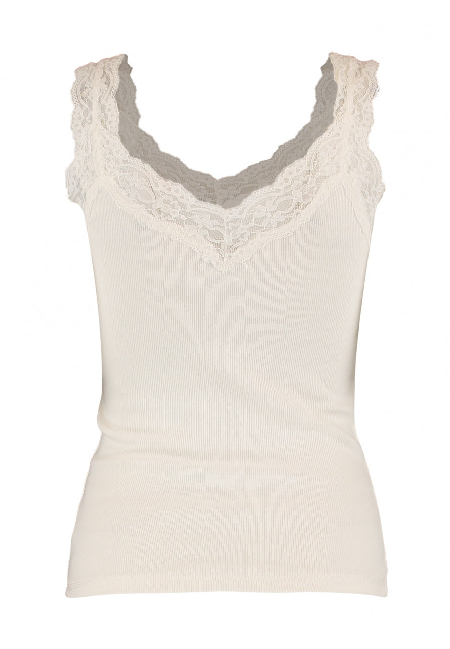 Offwhite singlet top met kanten V-hals en getailleerde zoom, mouwloos
