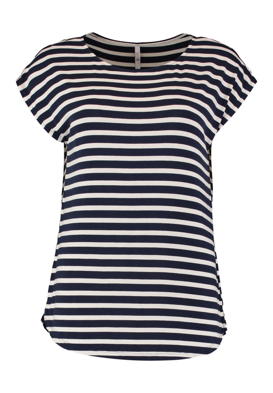 Navy gestreept T-shirt met ronde hals en korte mouwen, knopsluiting achter.
