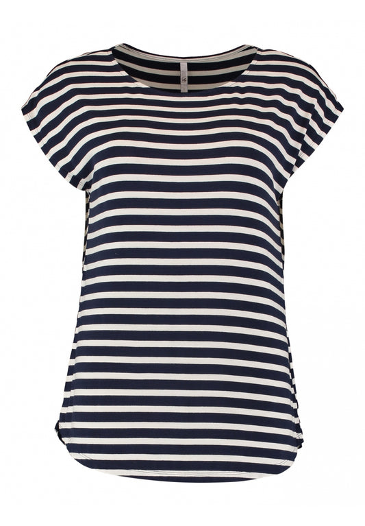 Navy gestreept T-shirt met ronde hals en korte mouwen, knopsluiting achter.