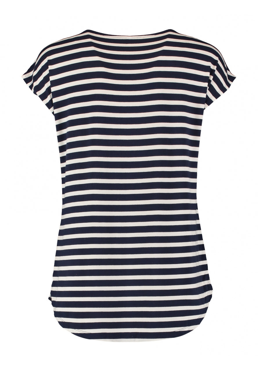 Navy gestreept T-shirt met ronde hals en korte mouwen.
