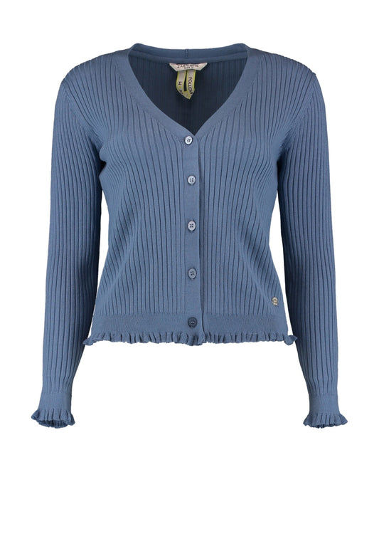 Lichtblauwe ribgebreide cardigan met knopen, V-hals en lange mouwen.