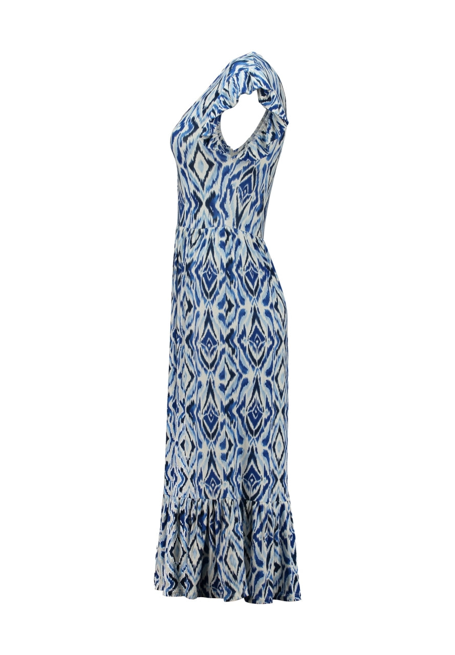 Blauwe maxi-jurk met ruitpatroon, V-hals, korte omslaande mouwen en plooizoom