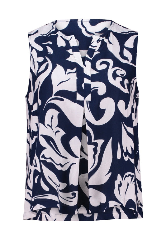 Mouwloze top met ronde hals, navy-witte abstracte bloemenprint, zijaanzicht