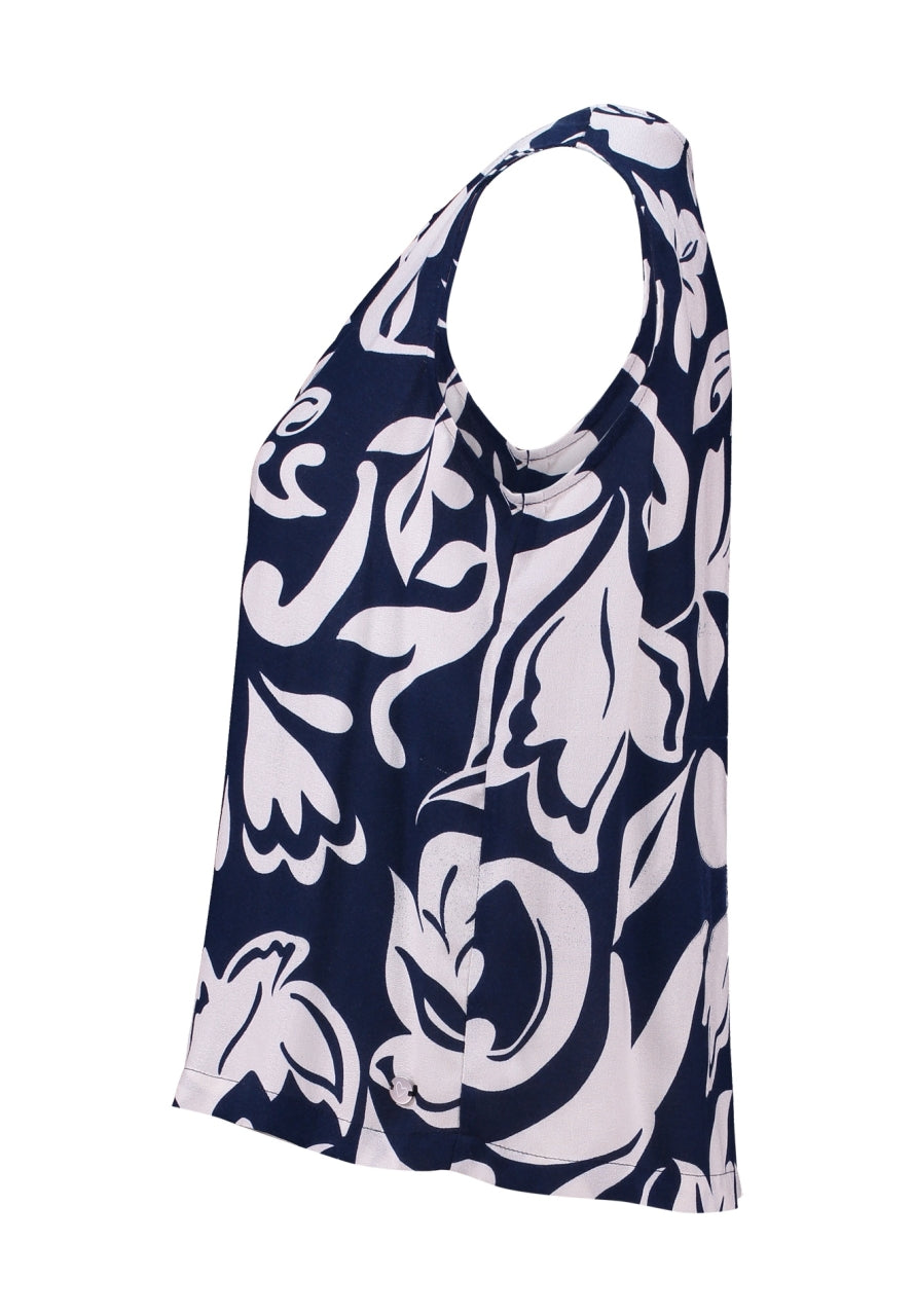 Mouwloze top met ronde hals, navy met witte abstracte bloemenprint