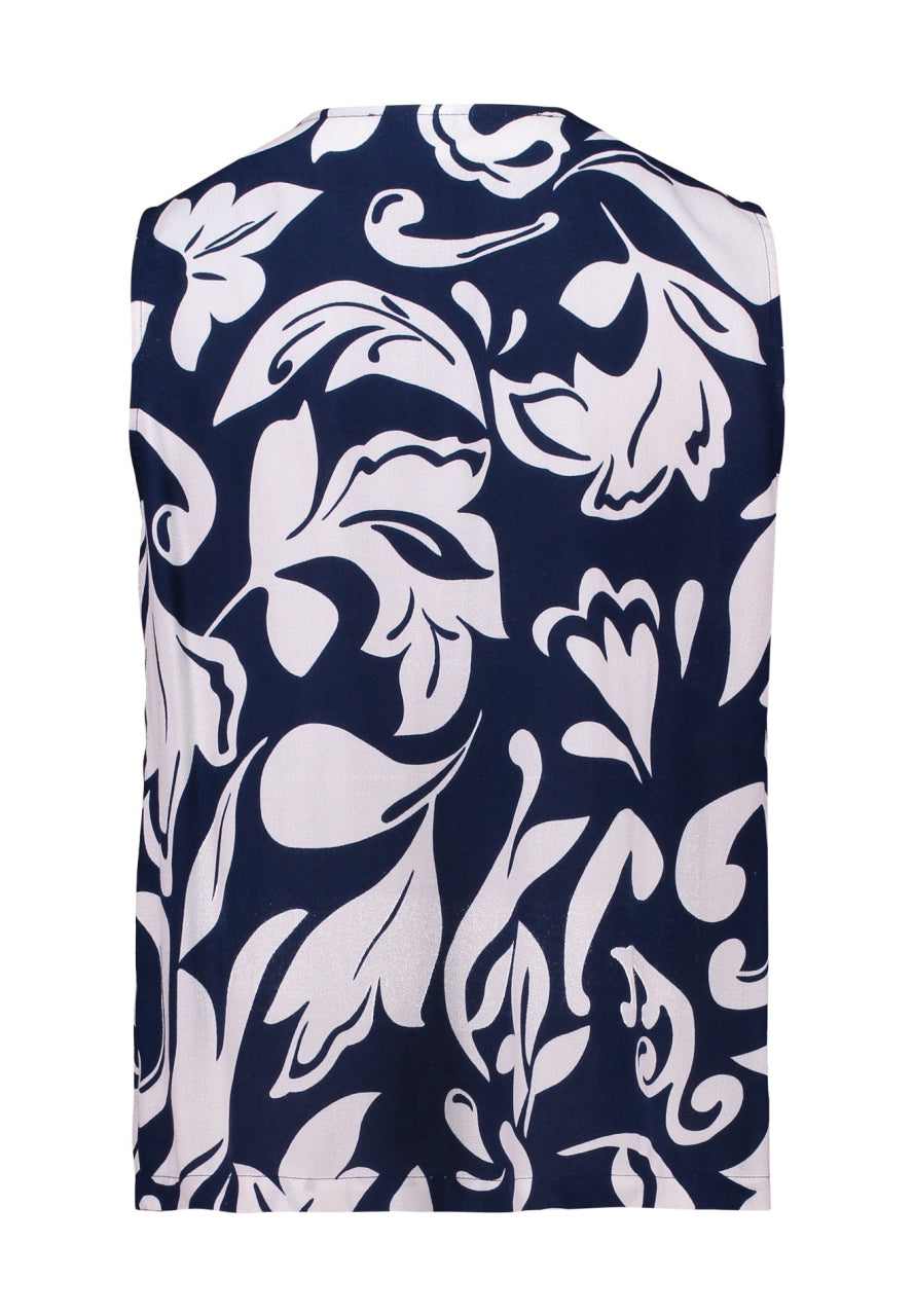 Mouwloze top met ronde hals, navy met witte abstracte bloemenprint
