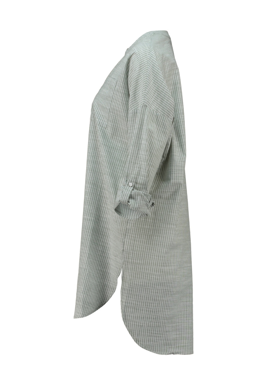 HL Venita jurk licht khaki met subtiele strepen, knoopsluiting en 3/4 mouwen