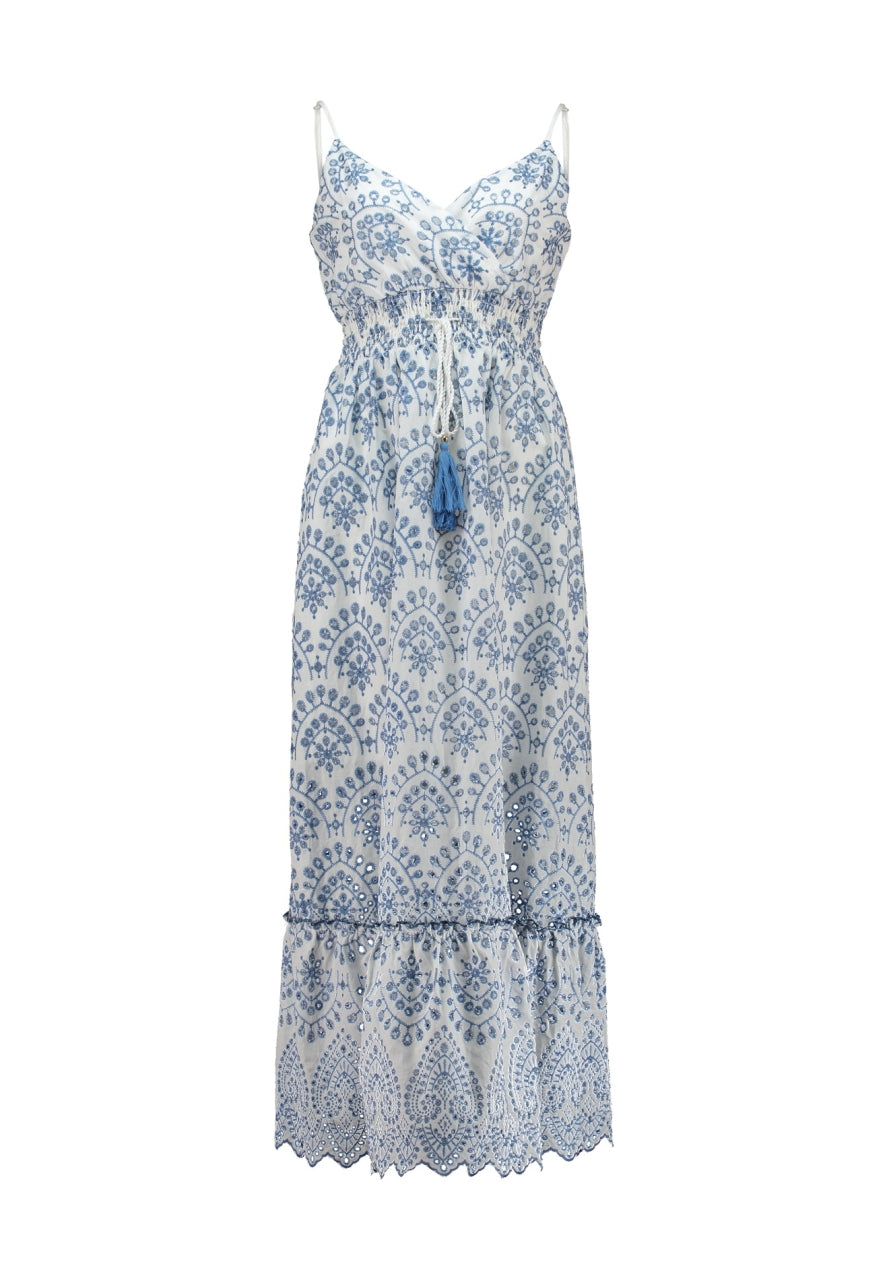 HL Falena-jurk met spaghettibandjes, blauw-witte print, strik/kwastje