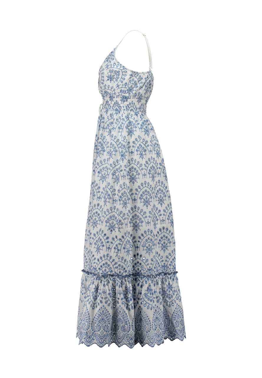 HL Falena-jurk met spaghettibandjes, blauw-witte print en volantzoom