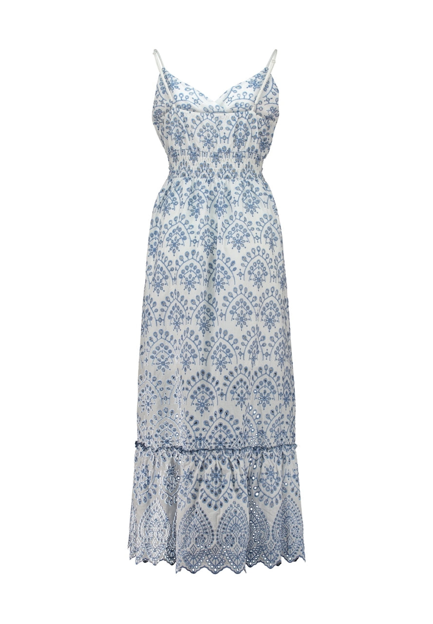 HL Falena-jurk met spaghettibandjes, blauw-witte ornamentprint en volantzoom