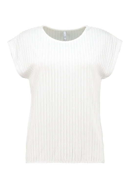 T-shirt roomwit met verticale ribbelstructuur, ronde hals en korte, wijde mouwen