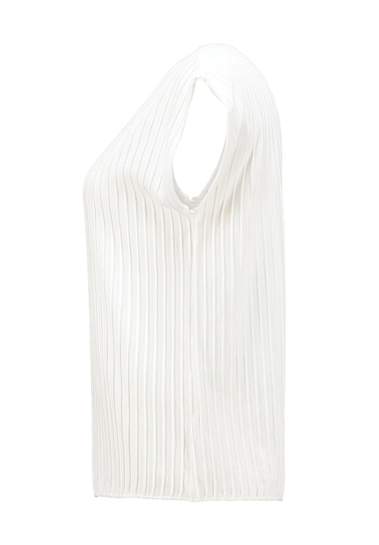 T-shirt roomwit met verticale ribbelstructuur, halsopening aan de rug en korte mouwen