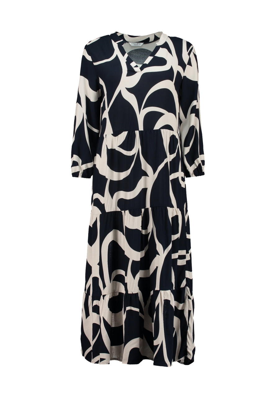 ZB Emira-jurk in navy met abstract patroon, lange mouwen en plooirok