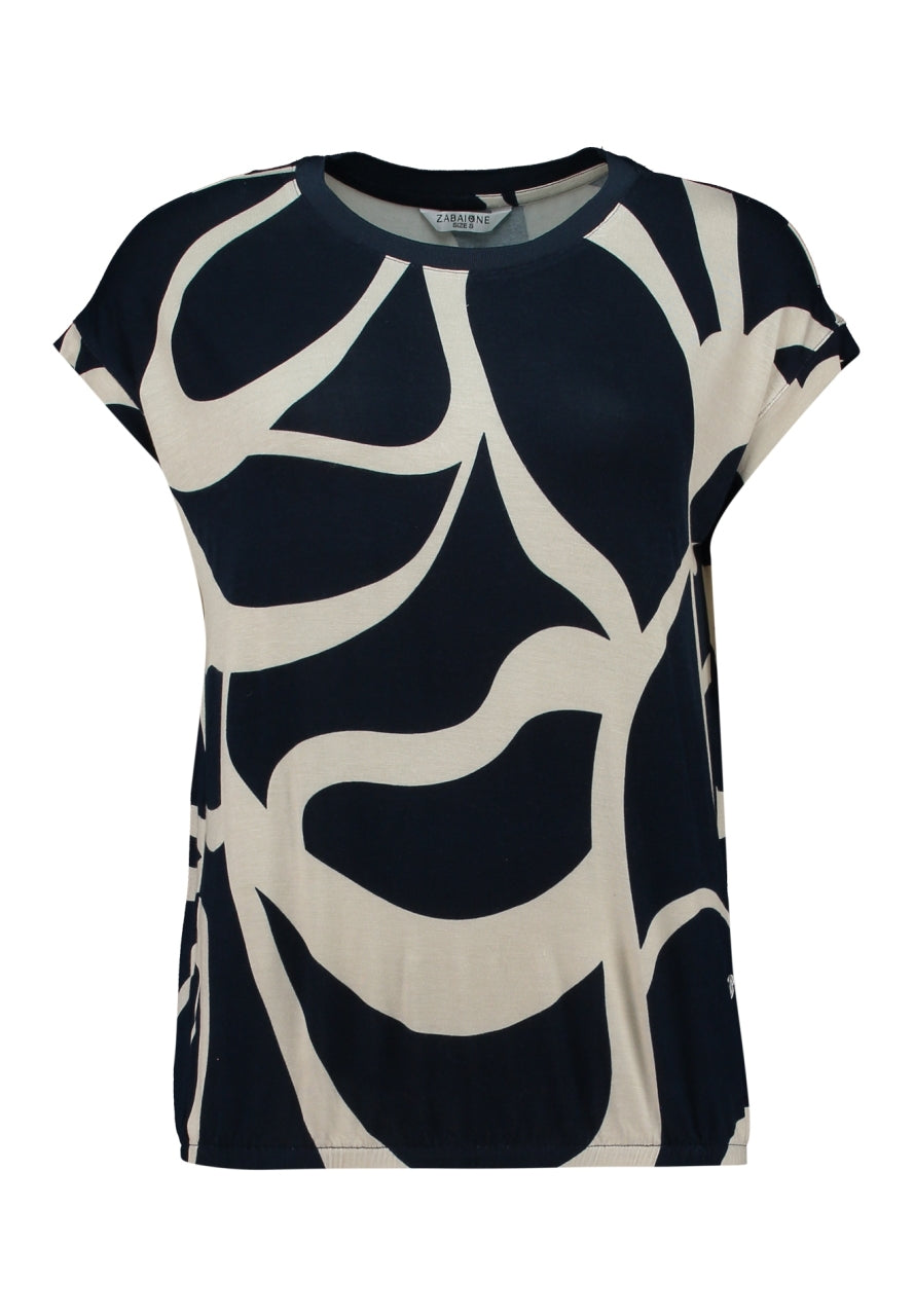 Donkerblauwe T-shirt met ronde hals en groot abstract beige patroon