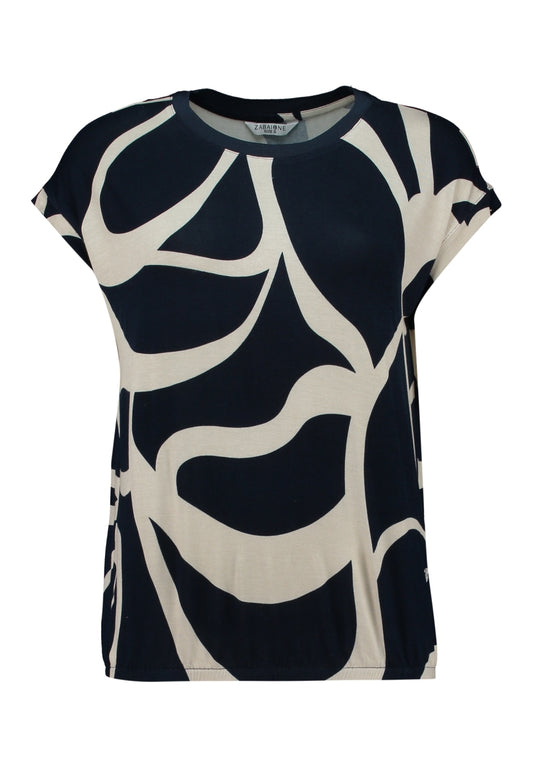 Donkerblauwe T-shirt met ronde hals en groot abstract beige patroon