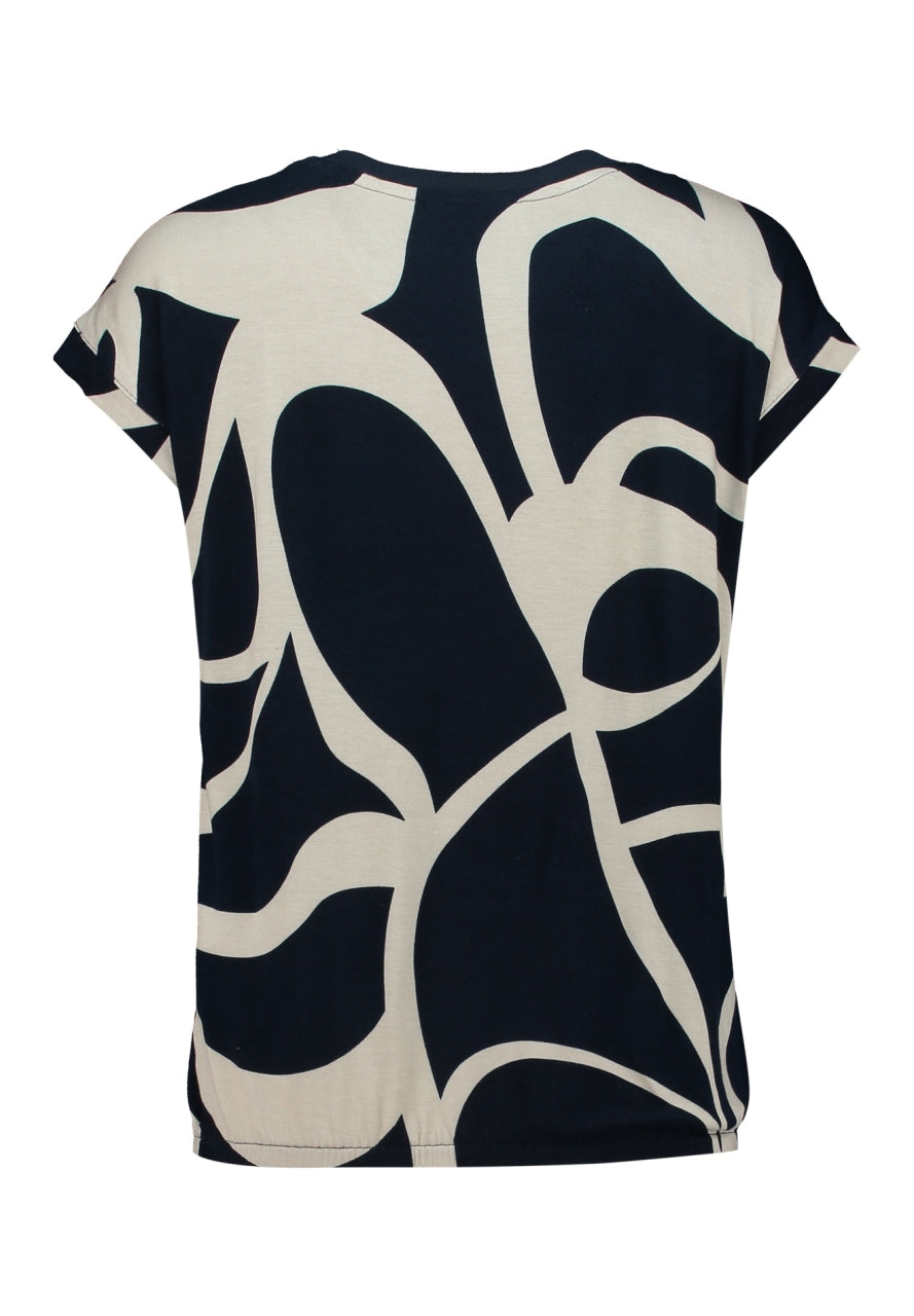 Donkerblauwe T-shirt met abstract beige patroon, ronde hals en korte mouwen