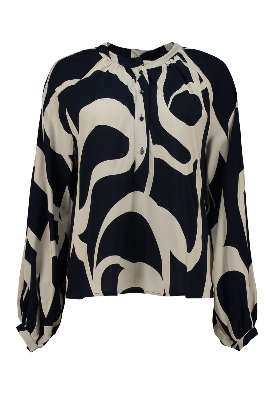 Blouse met lange mouwen, donkerblauw-creme abstract patroon en knoopsluiting