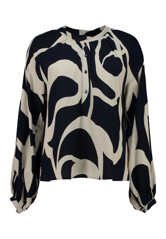 Blouse met lange mouwen, donkerblauw-creme abstract patroon en knoopsluiting
