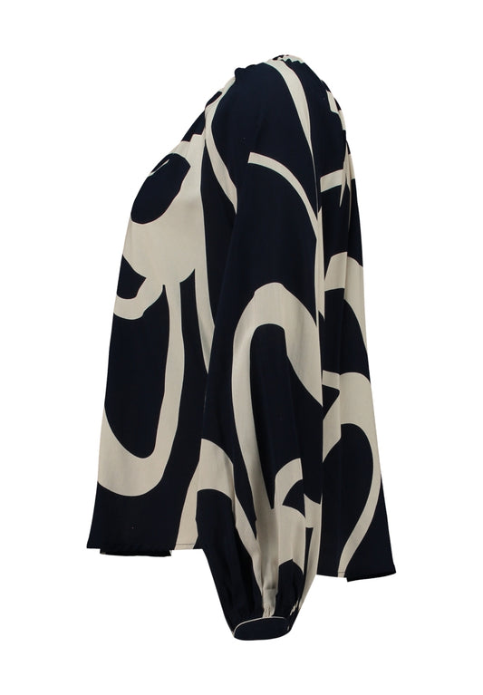 Blouse met lange mouwen en abstract donkerblauw-creme patroon, losse pasvorm