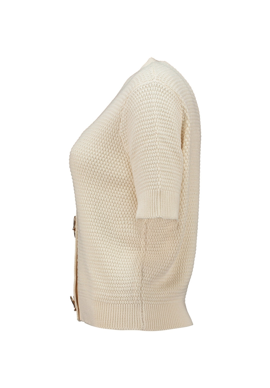 Gebreide vest met V-hals, korte mouwen, crèmekleurig, zijaanzicht
