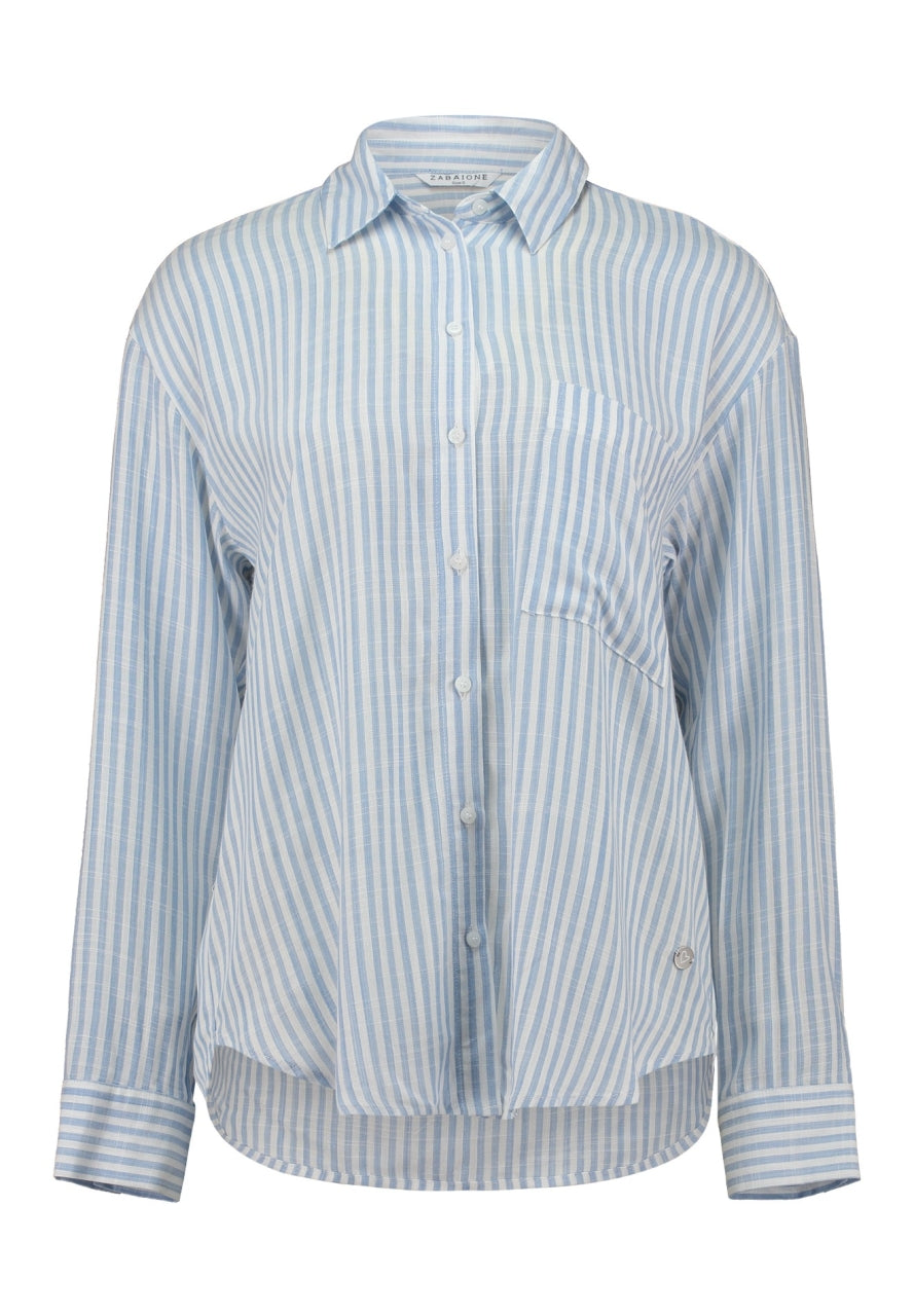 Lichtblauwe blouse met witte streepjes, knoopsluiting en lange mouwen