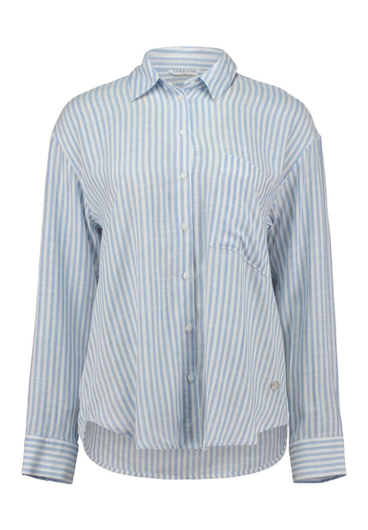 Lichtblauwe blouse met witte streepjes, knoopsluiting en lange mouwen