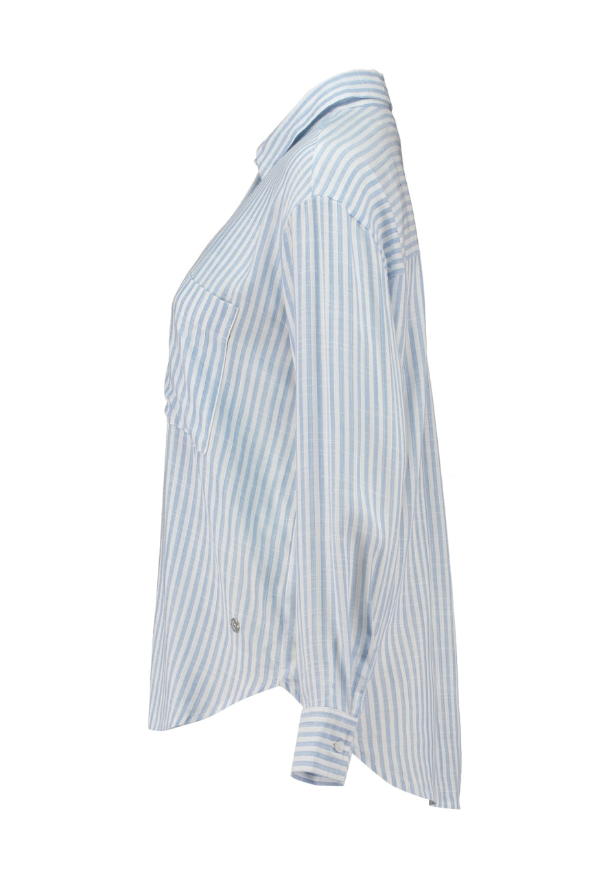 Lichtblauwe blouse met witte streepjes, lange mouwen met manchetten