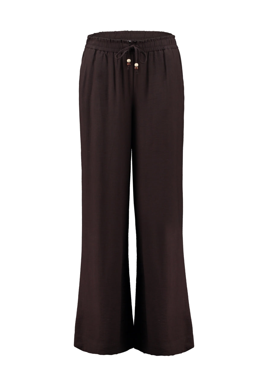 Lanessa wijde broek met elastische taille en donkere koffiekleurige stof