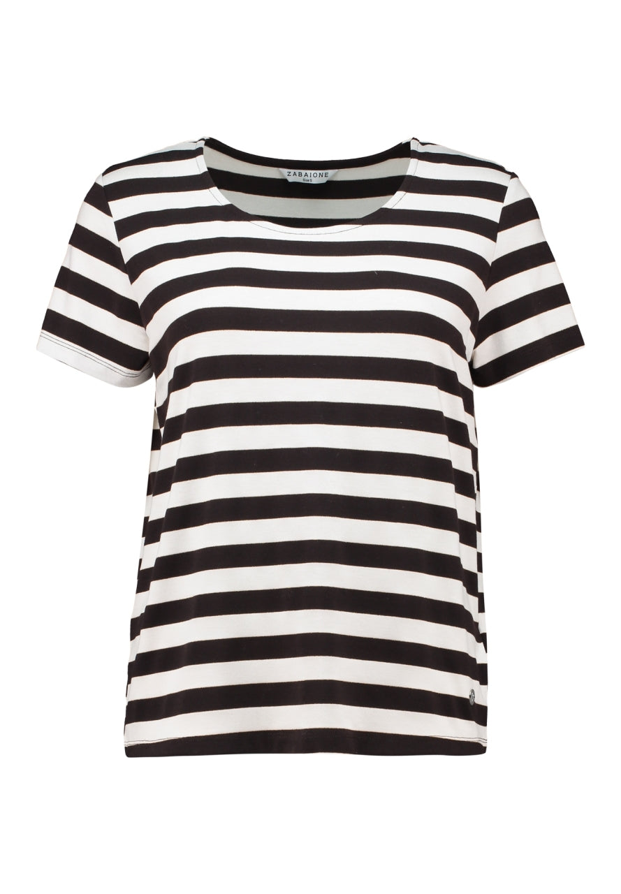 ZB T-shirt met ronde hals en korte mouwen, ecru met donkerbruine horizontale strepen