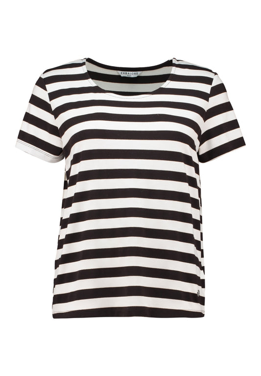 ZB T-shirt met ronde hals en korte mouwen, ecru met donkerbruine horizontale strepen