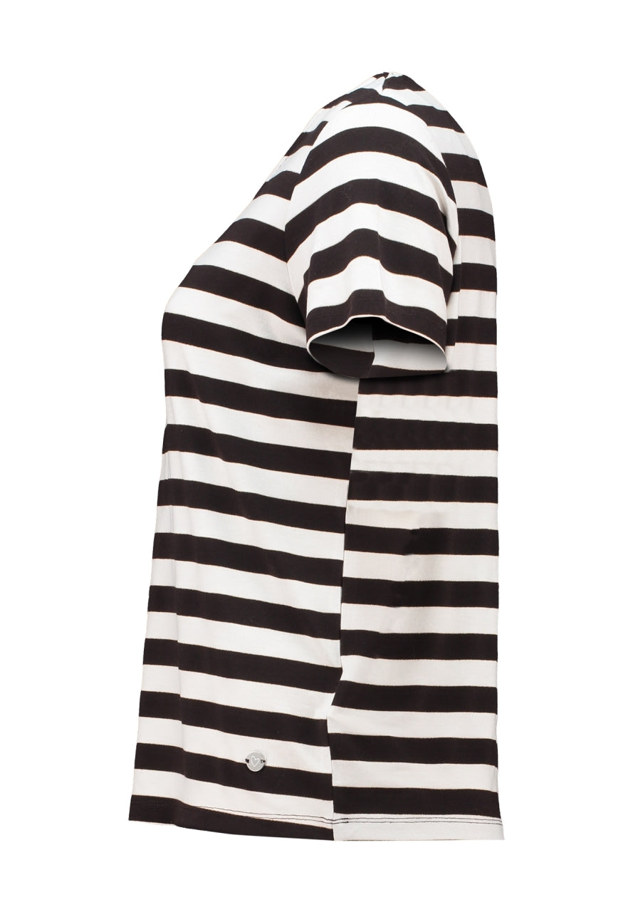 ZB T-shirt met ronde hals en korte mouwen, ecru met donkerbruine strepen; knoopsluiting