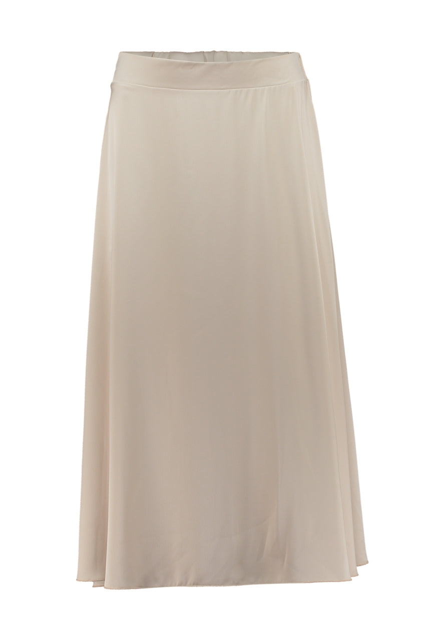 Beige midi-rok met elastische tailleband en vloeiende, rechte vallende stof