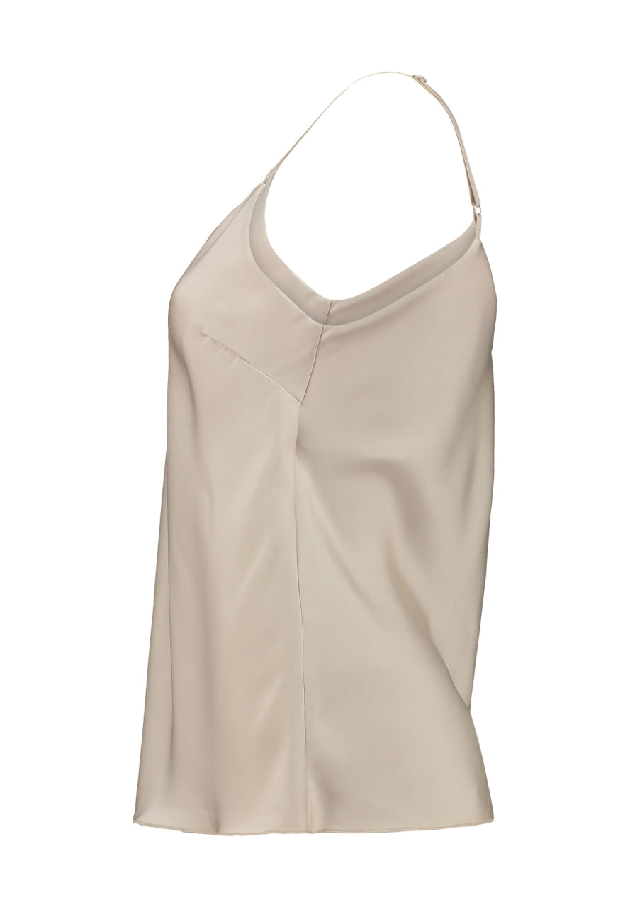 Beige top met spaghettibandjes, V-hals en verticale naden