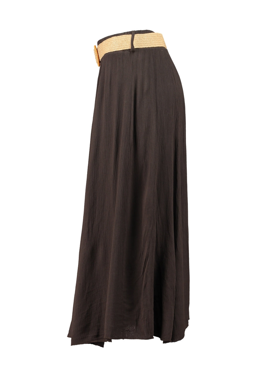 Bruine lange plissérok met brede beige elastische tailleband