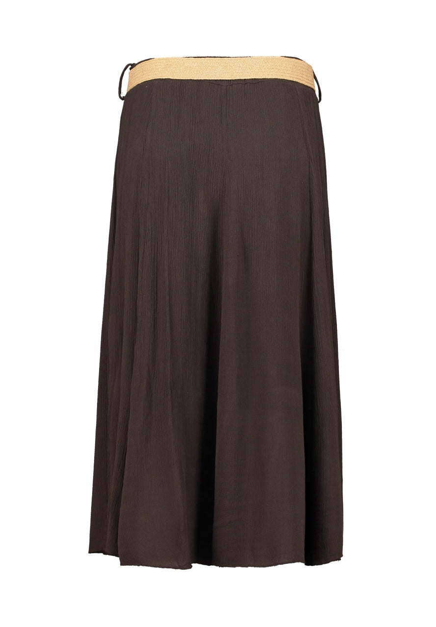 Donkere plissérok met brede beige tailleband en knoopsluiting