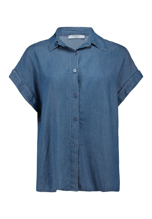 Blauwe blouse met korte mouwen, knoopsluiting en kraag