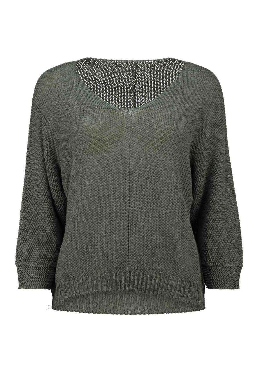 Trui Korina in khaki, brede boothals, driekwart mouwen en geribde boorden