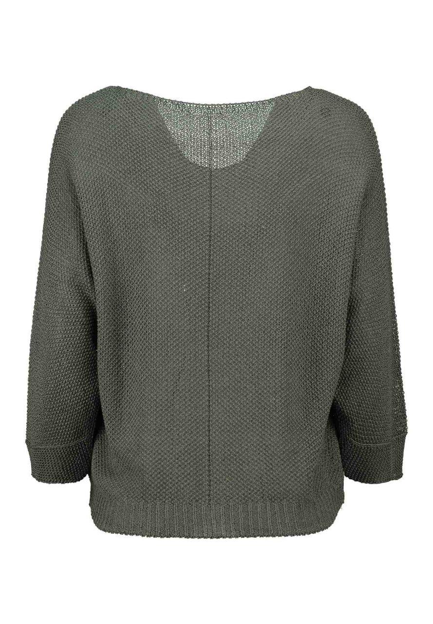 Trui Korina khaki met wijde hals en driekwart mouwen, grof gebreide stof
