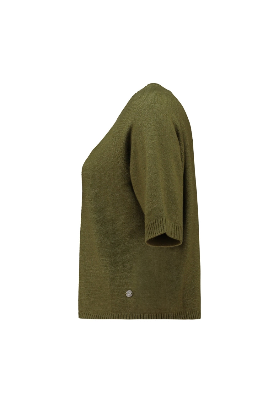 ZB trui, zijkant met korte mouwen en ronde hals, moosgroen melange brei.