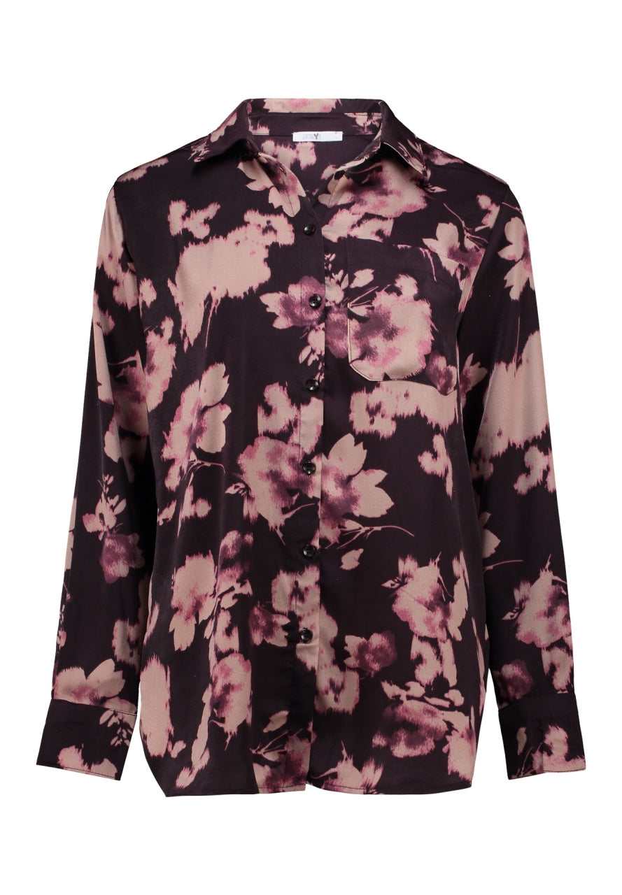 HL Carlotta blouse met lange mouwen en bloemenprint, knoopsluiting, donker kersenrood