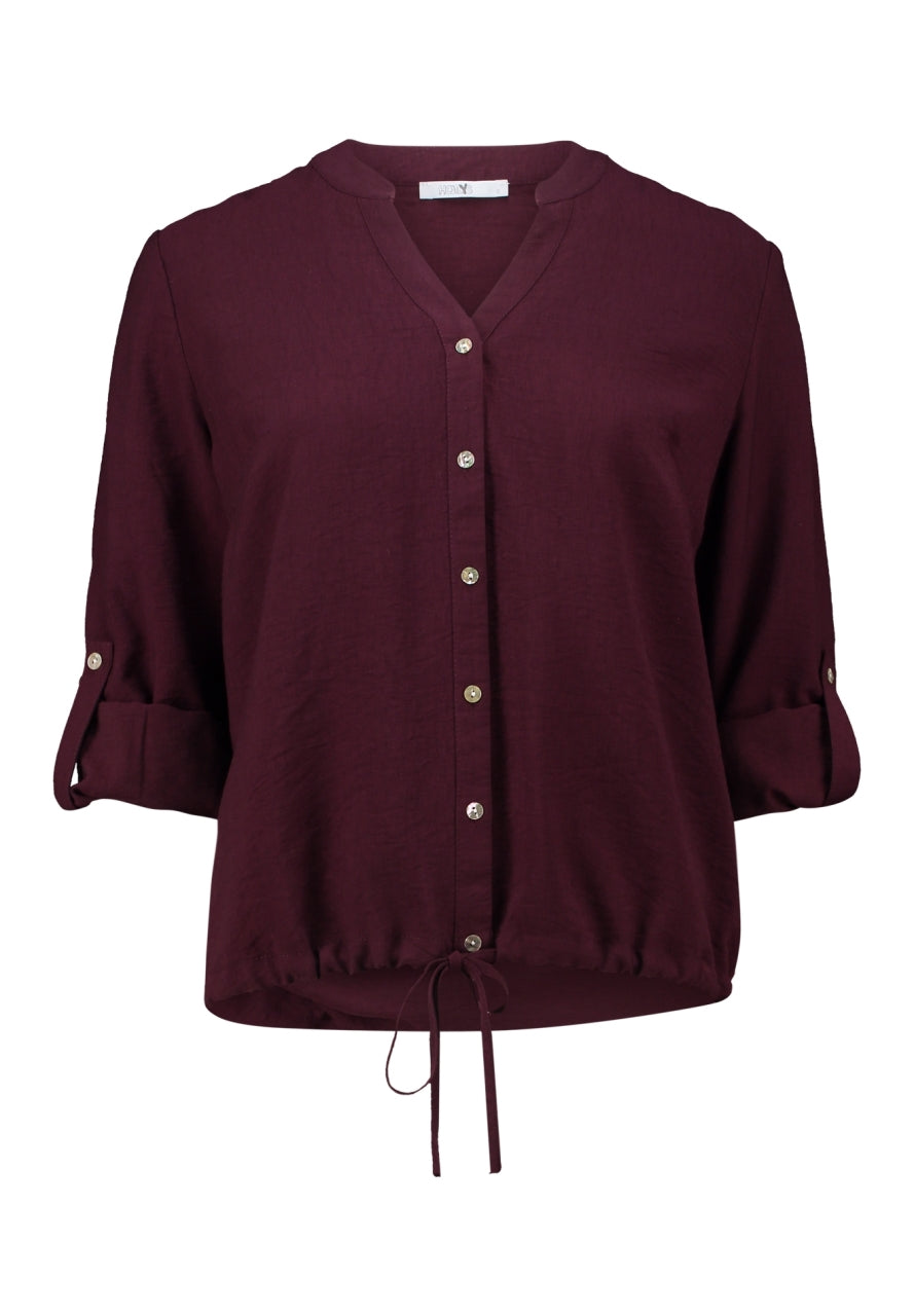 Blouse met V-hals, knoopsluiting en 3/4-mouwen, donker bordeaux, trekkoord onderaan
