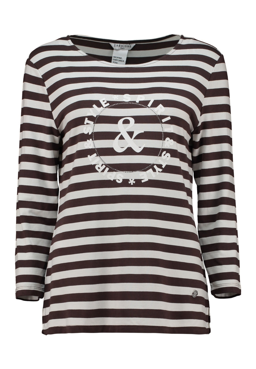 Gestreepte top met 3/4 mouwen en centrale print; donkerbruin-witte strepen