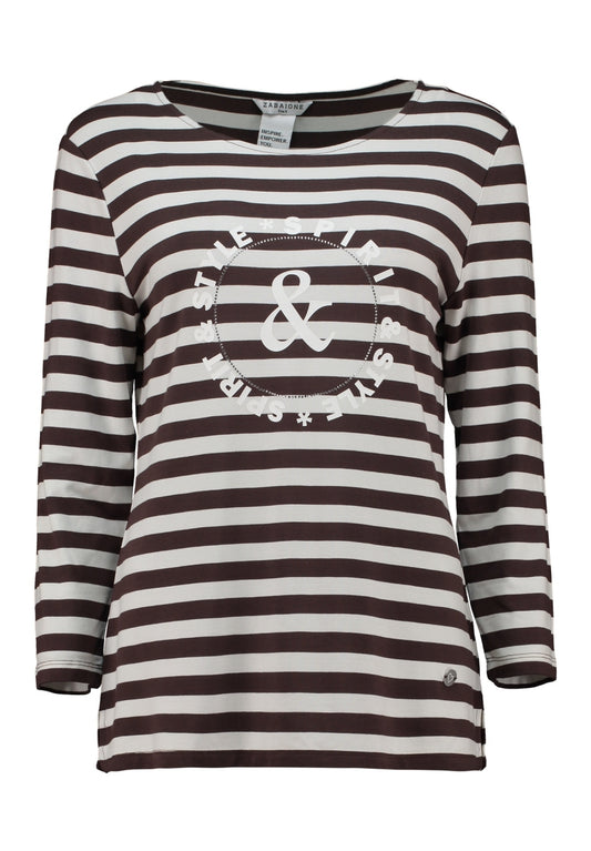 Gestreepte top met 3/4 mouwen en centrale print; donkerbruin-witte strepen