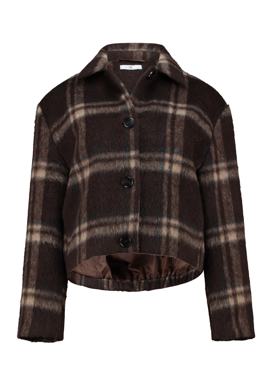 Geruit cropped jack met knoopsluiting en opstaande kraag, bruin-beige tinten