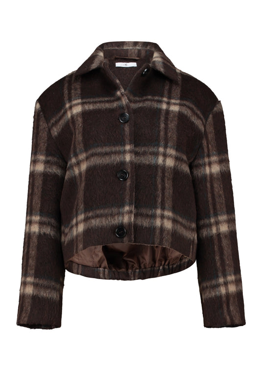 Geruit cropped jack met knoopsluiting en opstaande kraag, bruin-beige tinten