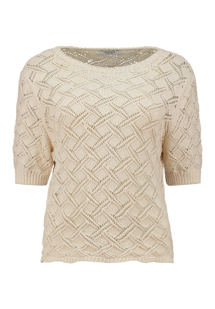 Beige gebreide trui met ruitpatroon, ronde hals en halflange mouwen
