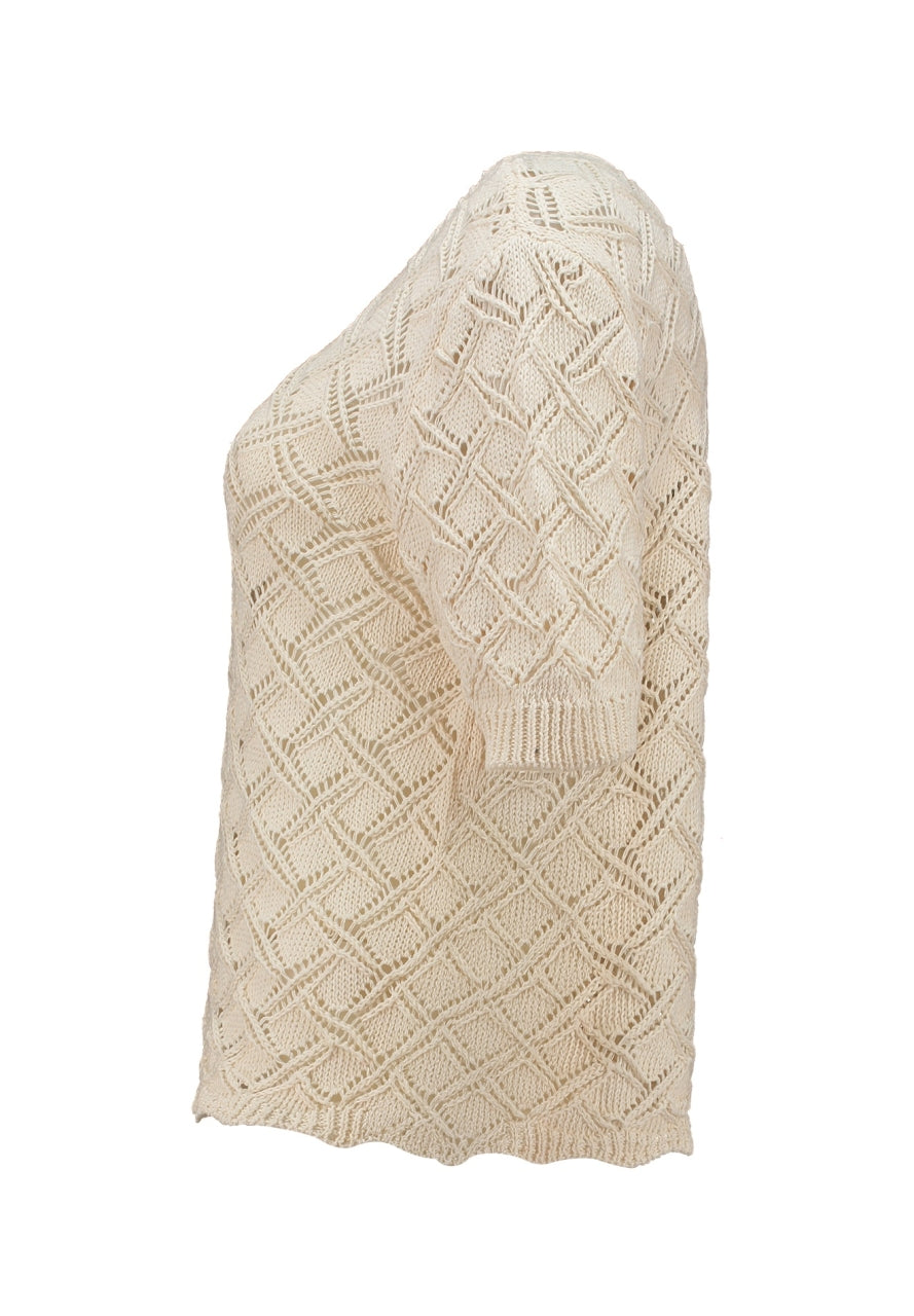 Beige gebreide trui met ruitpatroon, ronde hals, zijaanzicht