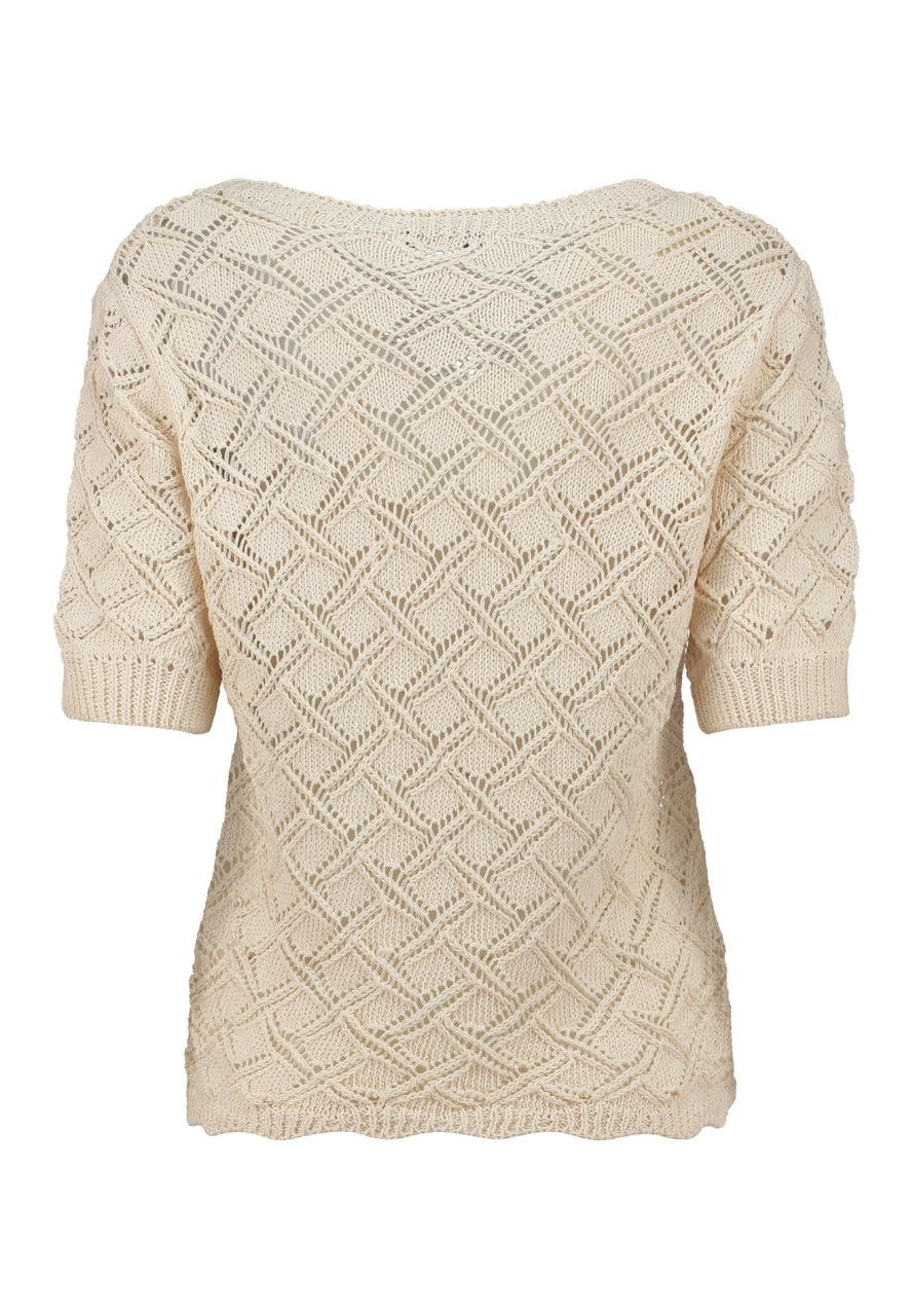 Beige gebreide trui met ruitpatroon, ronde hals, achteraanzicht