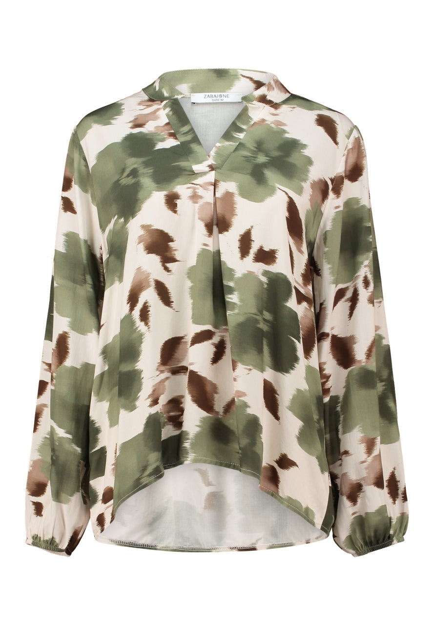 Blouse met dierenprint (khaki, groen en bruin), kraag en lange mouwen