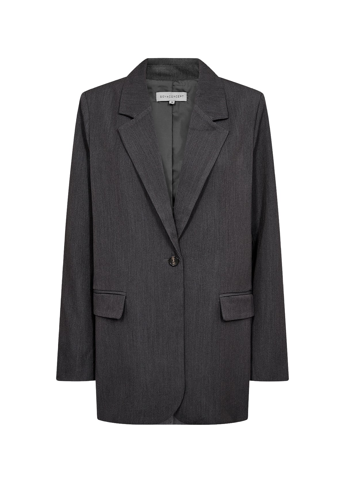 Donkergrijze blazer op hangertje; revers, knoopsluiting en klepzakken