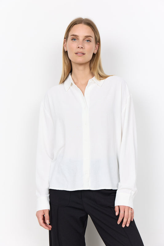 Offwhite blouse met knoopsluiting en kraag, lange mouwen, losvallende pasvorm
